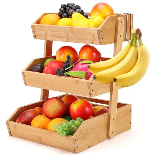 Image of Savorella Bamboo Fruit Basket – 3 Tier Fruit Bowl For Kitchen Counter, Large Capacity Fruit Holder With 2 Banana Hangers, Countertop Vegetables Fruit Bowl, Idea For Fruit and Vegetable Storage