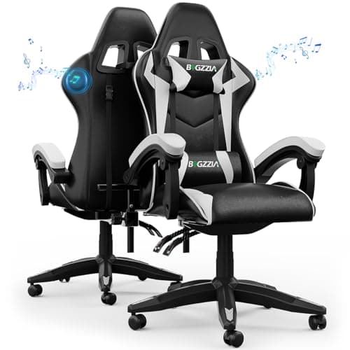 Image of Racingreat Bluetooth Gaming Chair with Built-in Speakers | Ergonomic Adjustable Recliner for PC Gaming & Home Office | Lumbar Support, PU Leather (Bluetooth Speakers, White)