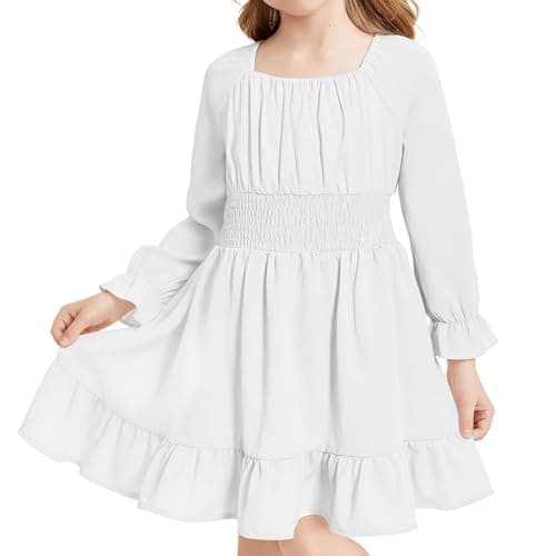 Image of JiAmy Girls Dress Square Neck Long Sleeve A-Line Swing Dresses Kids Casual Elegant Birthday Party Princess Clothes for Girl 7-8 Years White