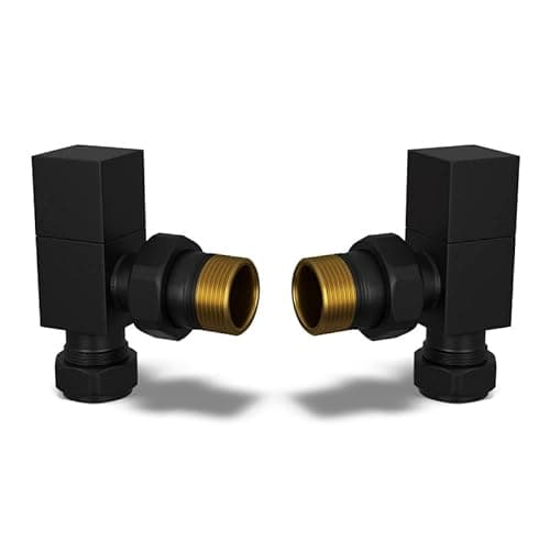 Image of UK Radiators Square Black Radiator Valve Pair - Black Matt Finish - Classy and Modern Design 1/2" x 15mm Angled Radiator Valve Pair - Pair of Valves