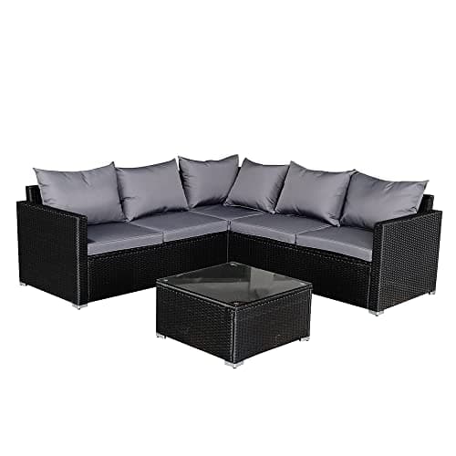 Image of Panana 5 Seater Rattan Garden Furniture Corner Sofa Set with Coffee Table, Outdoor Patio Lounge Set with Cushions & Free Cover for Garden, Conservatory, Terrace (Black Rattan with Grey Cushions)