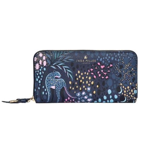 Image of Sara Miller London Zip Around Wallet, Women's Purse Clutch, Coin Pocket and Card Holder, Faux Leather, Large, Midnight Leopard Blue