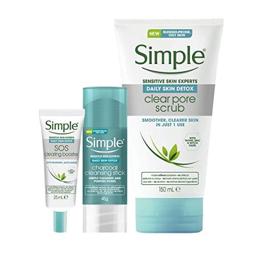 Image of Simple Daily Detox 3 Step Regime For Oily Skin: Charcoal Cleansing Stick, Clear Pore Scrub and Sos Booster GEL1 Units- Amazon Exclusive