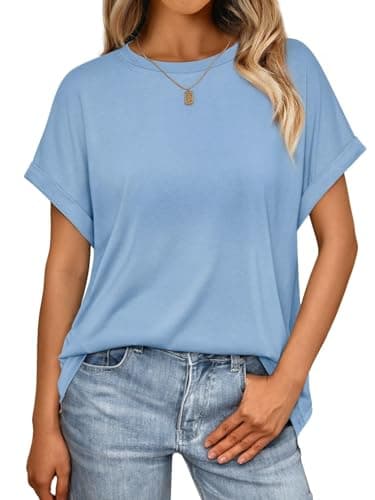 Image of Cuptacc Womens T Shirts UK Elegant Classic Crew Neck T-Shirt Outdoor Casual Comfy Basic Short Sleeve Tunic Summer Breathable Solid Tops Plus Size Sky Blue 16-18
