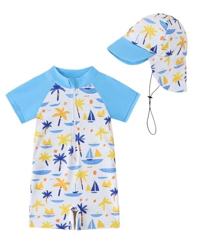 Image of Baby Swimsuit Boys Rash Vest Set 3M-3T – Short Sleeve UPF 50+ Infant Swimming Costume with Hat, Zipper Toddler One Piece Rash Guard Swimwear, Blue Beach 1-2 Years