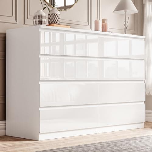 Image of Blisswood High Gloss Chest of Drawer, 8 Drawer Bedroom Chest of Drawer Bedside Table Cabinet for Bedroom Living room Furniture, White, 120W x 40D x 97H cm