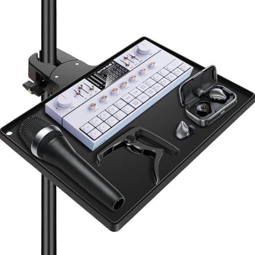 Image of BILIONE Microphone Stand Tray with Crab Clamp, 10.6" x 7.8" Large Shelf Attachment Clamp on Studio Music Floor Stands for Storage (Tray)
