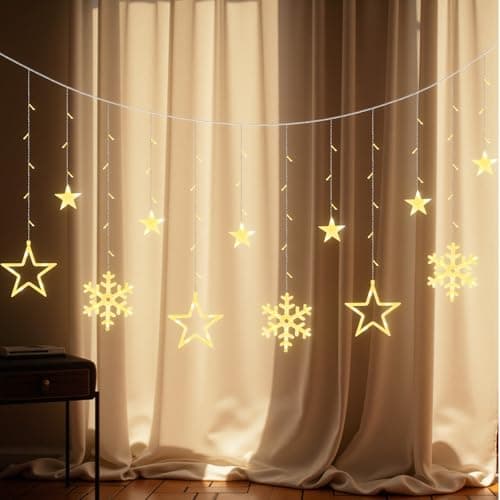 Image of LEDYA Christmas Stars Curtain Lights, 9 Stars & 3 Snowflakes 138 LED Fairy Window Lights with 8 Modes & Timer, Plug in String Lights for Xmas Decorations, Bedroom, Wedding, Party, Home (Warm White)