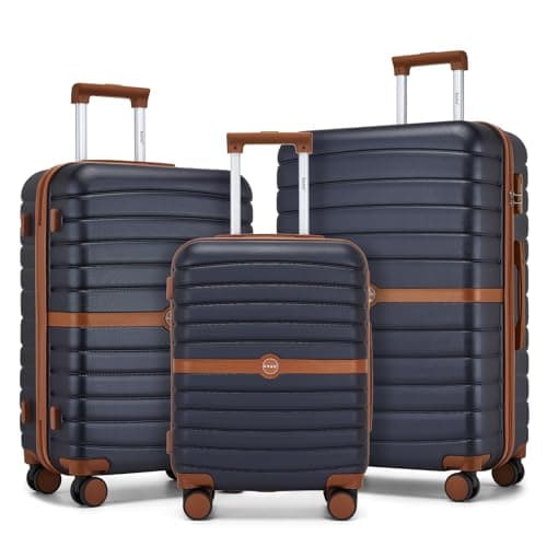 Image of Kono Suitcase Sets of 3 Piece Lightweight ABS + PC Hard Shell Trolley Case 20" 24" 28" Travel Luggage with 3 Digit Combination Lock Spinner Wheels (Navy/Brown)