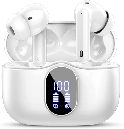 Image of Btootos Wireless Earbuds, Bluetooth 5.3 Headphones In Ear with 4 ENC Noise Cancelling Mic, 2025 New Bluetooth Earphones Mini Deep Bass Stereo Sound, 36H Playtime LED Display Wireless Earbuds White