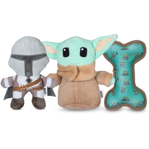 Image of Star Wars for Pets The Mandalorian 3 Piece Gift Set for Dogs, Includes 9" Mandalorian Plush, 9" GROGU Plush, and Oxford Bone Shape Toy with GROGU Print | Squeaky Dog Toys