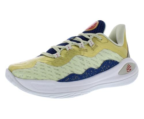 Image of Under Armour Boys' Curry 11 CM Basketball Shoes, Lemon Ice/Metallic Gold/Red - 300, 5 Big Kid