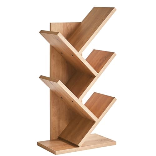 Image of YMYNY 4 Tier Tree Bookshelf, Small Bookcase, Modern Wood Book Storage Rack, Freestanding Book Shelf for Books/Movies/CDs, Narrow Display Rack for Living Room, Home Office, Oak Color HBC014K
