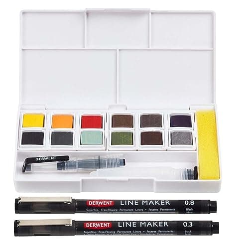 Image of Derwent Line and Wash Paint Set, Set of 12 Assorted Colour Paint Pans, Includes 2 x Line Makers, 5 x Mixing Palettes, 1 x Sponge, Portable Paint Set, 2305866