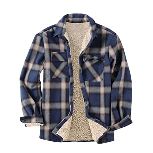 Image of HULKAY Mens Long Sleeve Sherpa Fleece Flannel Shirts Button Down Berber Lined Shackets Warm Camp Shirts Plaid Jackets(Navy,L)