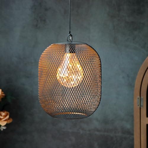 Image of TRIROCKS Metal Battery Operated Hanging Lantern with 6-Hour Timer Mesh Cage Decorative Pendant Lamp with Warm Fairy Lights Bulb for Home Living Room Garden Outdoor (Black)