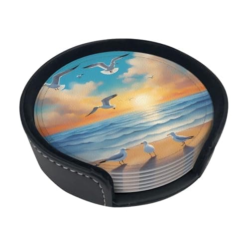 Image of seagulls by the sea 6-piece coaster set with stand, for home décor, suitable for all kinds of cups and coffee mugs.