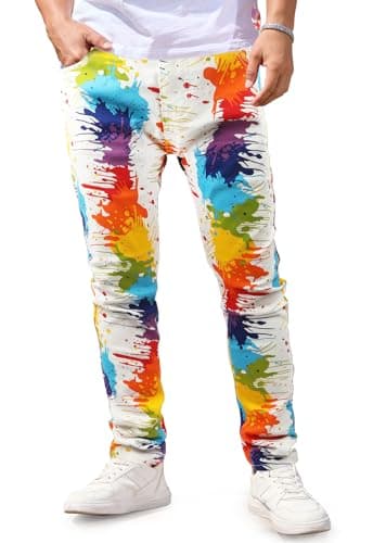 Image of Gulots Men's Jeans Tie Dye Casual Printed Slim Fit Jeans Stretch Skinny Denim Pants for Men 30 Mix Color-White