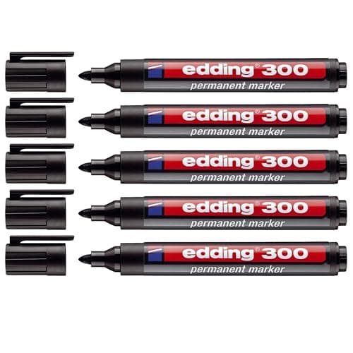 Image of edding 4-300001 300 Industry Permanent Marker - Bullet Tip - Labelling of Cardboard, Metal, Rubber and Glass, Black (1.5-3 mm, Pack of 5)
