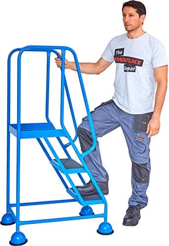 Image of The Workplace Depot Mobile Safety Steps with Handrail and Cupped Feet -Durable Steel Frame for Industrial and Commercial Use (3 Tread)