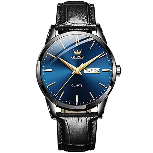 Image of OLEVS Mens Watches Big Face Black Analog Quartz Leather Straps Watch for Men Classic Fashion Blue Dial Men Dress Watches with Day Date Waterproof Easy to Read Casual Simple Gent Watch