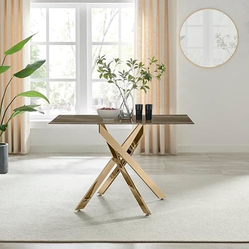 Image of Furniturebox UK Dining Table - Leonardo 4 Seat Dining Table - Glass Dark Marble Effect Shiny Gold Metal Legs -Nested Starburst Design - Modern Kitchen Living Room Furniture for Contemporary Homes