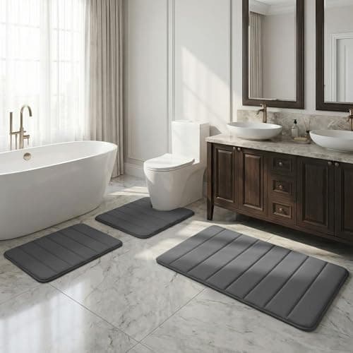 Image of Xtrillogen 3 Piece Non Slip Bath Mat Set,Microfibre Plush Bathroom Mat,Includes U-Shaped Contour Toilet Rug,Anti Slip Accessories Design,Suitable for Bathroom,Bathtub and Shower Area(Dark gray)