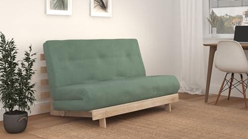Image of Kyoto Futons Double Standard Futon in Harmony Green - Light Wood Finish, 75x137x85cm, Thermally Bonded Wool/Cotton & Fibre Mix Padding