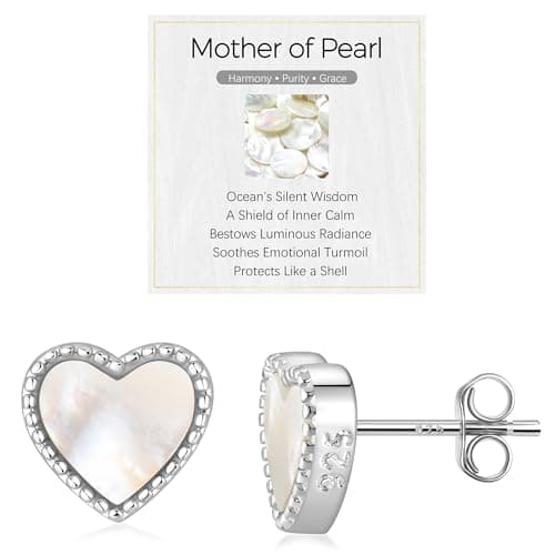 Image of JENDEAR Mother of Pearl Heart Stud Earrings for Women 925 Sterling Silver Hypoallergenic Natural Gemstone Studs with Quote Card and Gift Box (Silver)