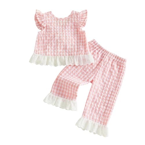 Image of Geagodelia Kids Toddler Baby Girls Summer Clothes Set Cute 2 Piece Gingham Print Sleeveless Eyelet Lace Trim Bowknot Tie Back Tops and Trousers Outfit (Pink, 2-3 Years)