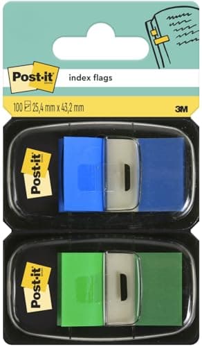 Image of Post-it Index Flags, Medium, Blue and Green, 2 Dispensers 25.4 mm x 43.2 mm, 50 Flags - To Mark, Highlight or Color Code Important Information