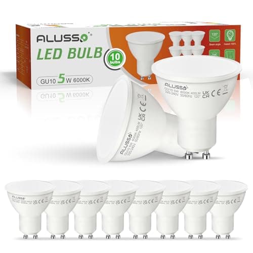 Image of ALUSSO 5W GU10 LED Bulbs Cool White 6000K, 400lm Brightness, 120° Wide Beam Angle, Pack of 10, Non-Dimmable, Ideal for Kitchen & Bedroom & More