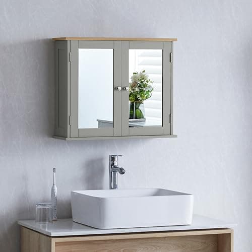 Image of Bath Vida Priano Double Door Mirrored Bathroom Cabinet Storage Cupboard Wall Mounted, Grey & Oak