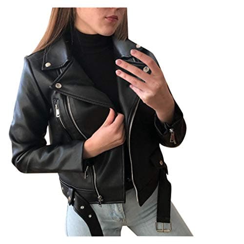 Image of Ekrfxh Women's Classic Slim Fitted Soft Faux Leather Ladies Moto Biker Jacket Zip Up Motorcycle Short PU Outwear Coat with Belt UK Size 8~22 Black