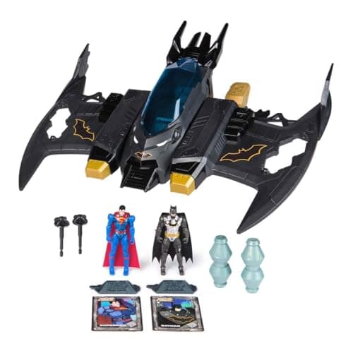 Image of DC Comics, Metal Force Transforming Batwing, 2-in-1 Playset, Includes Batman and Superman Figures, with Projectiles and Character Cards, Kids’ Toy for Boys and Girls Aged 4+