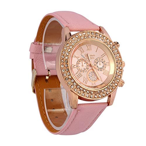 Image of Bracelet Watch Quartz Pink Crystal Wrist Leather Ladies Analog Dial Women Women's Watch Women Watch in Bulk (Pink, One Size)