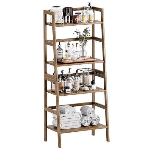 Image of HITNET Ladder Shelf Walnut, Bamboo Bookshelf, 4 Tier Open Dipslay Bookcase Freestanding Storage Rack for Home Office, Small Balcony Flower Plant Stand
