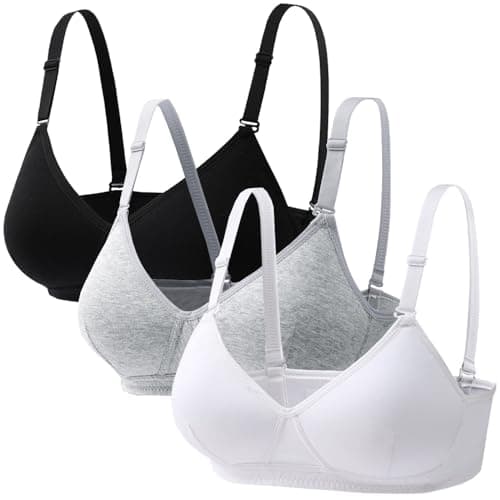 Image of Young Girls Bras 3 Pieces Cotton Teenage Underwear Wireless Sports Bra with 3 Row Eye Buckles 12-18 Years Girls and Women Lingerie Bralettes