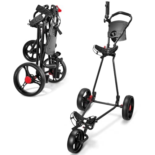 Image of JoyCushy 3 Wheel Golf Trolley Lightweight Folding Push Cart – Adjustable Handle, 20cm Wheels with Brake, Storage Bag, Umbrella & Cup Holder – 3 Wheeled Golf Trolly for Adults & Juniors