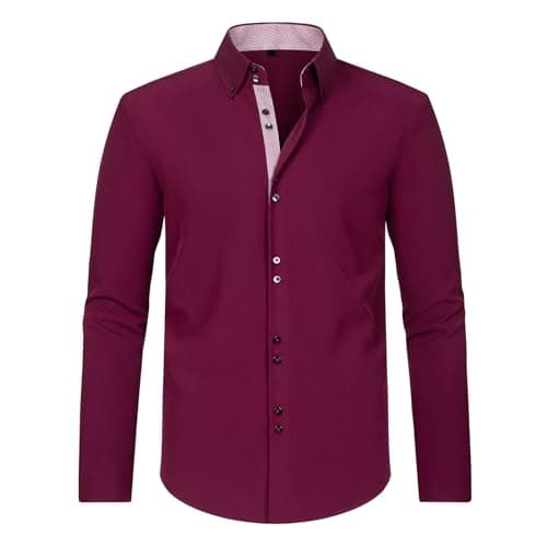 Image of SYDUZAX Men's Dress Shirts Long Sleeve Casual Smart Button Shirt Non Iron Turn Down Collar Double Breasted Business Shirts Regular Fit Stretch Wedding Work Office Oxford Formal Shirt Blouse Wine