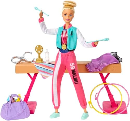 Image of Barbie Gymnastics Playset: Barbie Doll with Twirling Feature, Balance Beam, 15+ Accessories for Ages 3 and Up, GJM72