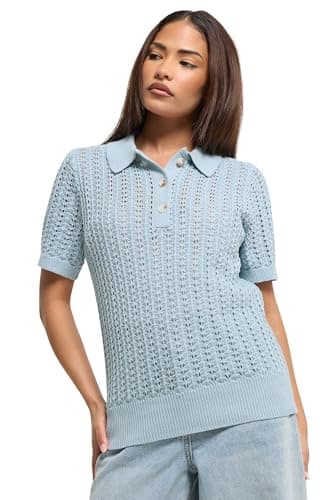 Image of PixieGirl Petite Light Blue Crochet Polo Top Petite