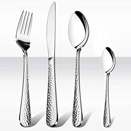 Image of HaWare 16 Pieces Cutlery Set, Stainless Steel Hammered Flatware Silverware for Home/Office/Party/Camping, Knife Fork Spoon Eating Utensils Service for 4, Mirror Polish & Dishwasher Safe