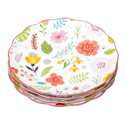 Image of Darthome Set of 4 Floral Ceramic Side Plates, Multicoloured, 20.5cm, Scalloped Rim, Dishwasher Safe, Botanical Flower Meadow Design