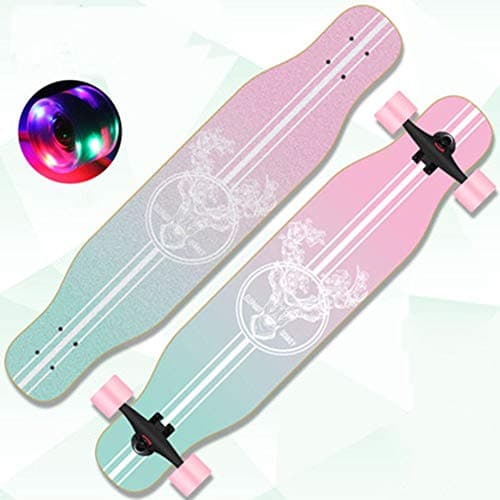 Image of Longboard Cruiser Teens 43 Inch Double Kick Trick 8 Layers Maple Decks Retro Cruiser Beginner Skateboard,Boy Child Kids Girl Adult Freeride Skating LED Light Up Special Edition Penny Board,Pink