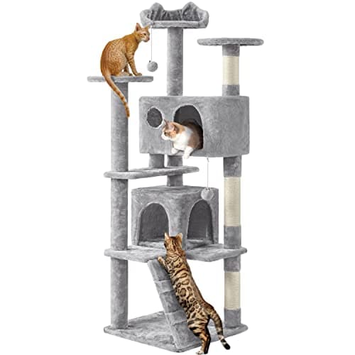 Image of Yaheetech Cat Tree, 158cm Cat Tower with Scratching Post, 2 House and Dangling Balls Pet Furniture for Indoor Kittens, Light Grey