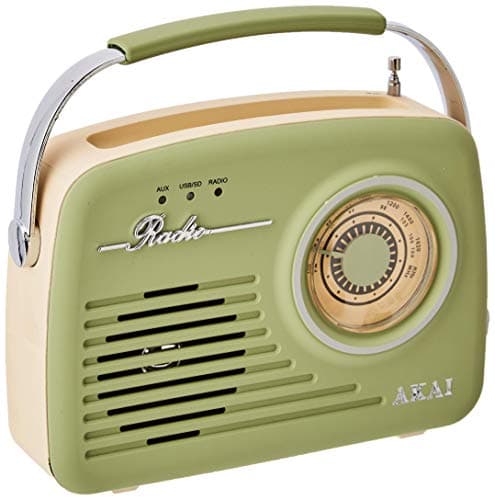 Image of Akai A60014VSG Vintage Radio with AM and FM Radio Functions, Built-in USB, Crystal Clear 5 W Mono Speaker, 220 V/50 Hz, Battery or Mains Powered, Rubberised Finish, Sage Green
