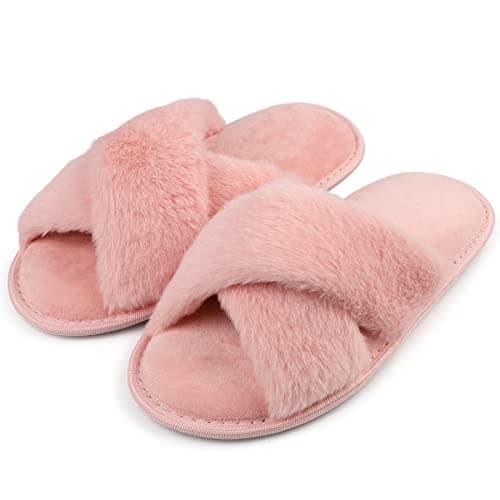 Image of riemot Slippers Women Fluffy Slipper Memory Foam Cross Band Furry Open Toe Ladies Sliders Soft Fur Warm Slip Plush Home Anti-Slide House Shoes for Girls Indoor Outdoor, Pink, UK 5-6