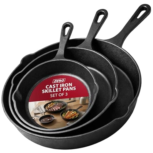 Image of ZENO Cast Iron Skillet Pan 3PC Set | Pre-Seasoned Cast Iron Pan | Heavy Duty Cast Iron Frying Pan with Dual Handles | Oven Safe Skillet Pan for Hob, Grill, Oven | Cast Iron Skillet