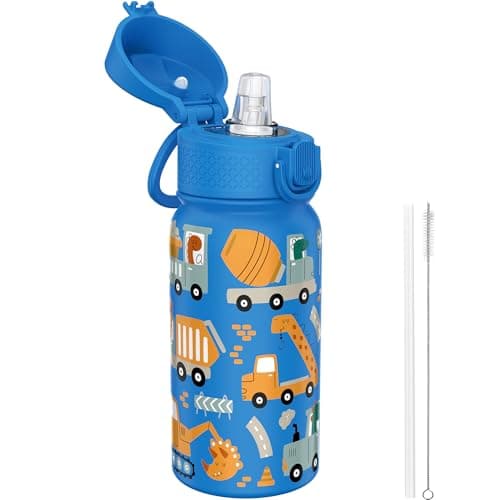 Image of GOPPUS 350ml/12oz Kids Stainless Steel Water Bottle with Straw Toddler Drinks Bottle with Handle Small Insulated Bottles School Cold Metal Flask with Flip Top Lid BPA Free (Blue Dinosaur Construction)